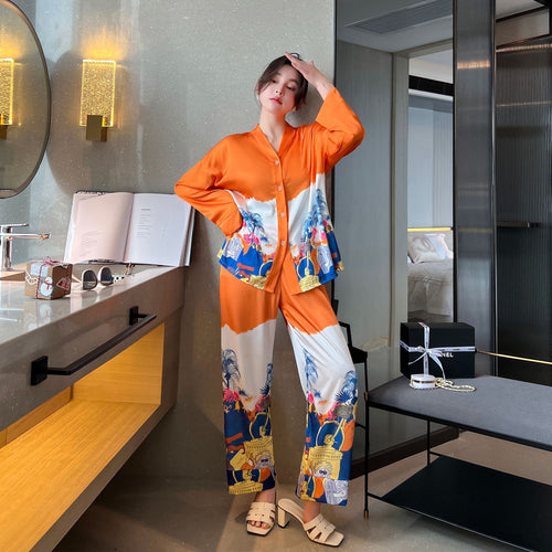 Load image into Gallery viewer, Women&#39;s Pajamas Set Luxury Orange Coconut Print Sleepwear Silk Like Homewear V Neck Nightwear Leisure Loungewear
