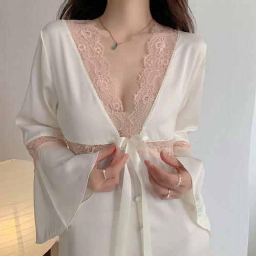 Load image into Gallery viewer, Women&#39;s Pajamas Sexy Long Dress Bell Sleeve Silk Like Homewear Deep V Skirt Sexy Lace Dress Sleepdress Nightgown Femme
