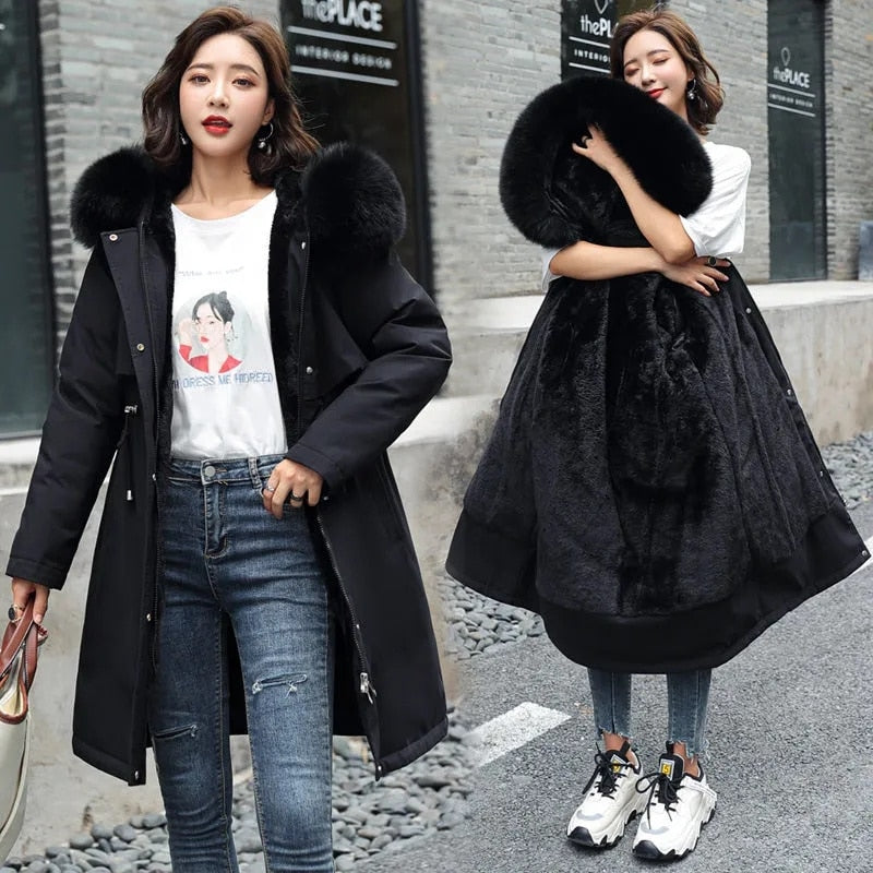 Winter Jacket Women Parka Clothes Long Coat Wool Liner Hooded Jacket Fur Collar Thick Warm Snow Wear Padded Parka 6XL