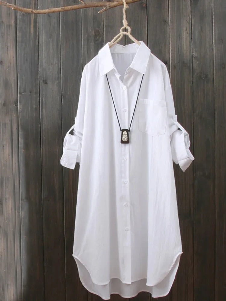 Loose Women White Long Shirts Pure Cotton Fall Long Sleeve Button Up Shirts Casual Turn Down Collar Female Autumn Tops