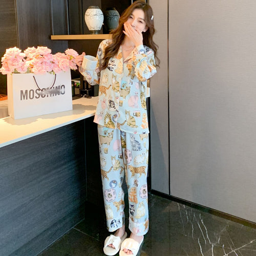 Load image into Gallery viewer, High Quality Women&#39;s Pajamas Set Luxury Pet Cats Pattern Sleepwear Silk Like Casual Homewear Cute Nightwear Femme Petite
