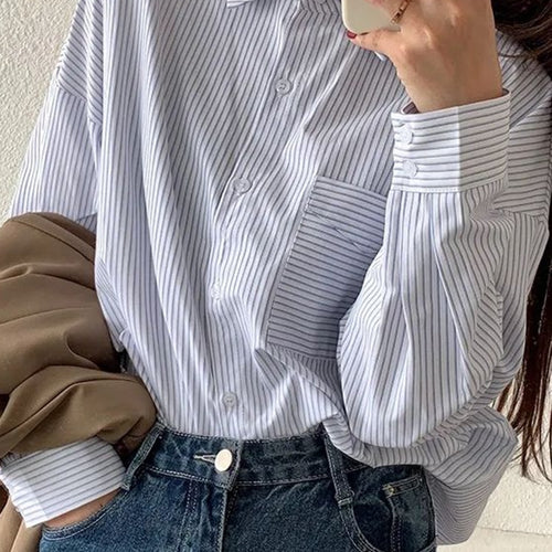 Load image into Gallery viewer, Fashion Striped Shirts Casual Pocket Korean Oversize Long Sleeve Button Up Shirt Fall Simple Student Ladies Tops
