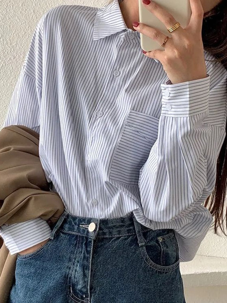 Fashion Striped Shirts Casual Pocket Korean Oversize Long Sleeve Button Up Shirt Fall Simple Student Ladies Tops