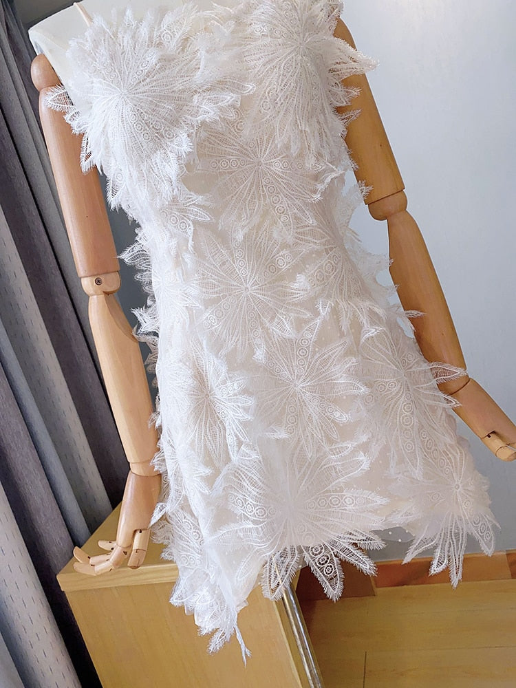 Korean Solid Lace Dress For Women Square Collar Sleeveless High Waist Spliced Feathers Mini Dresses Female Summer