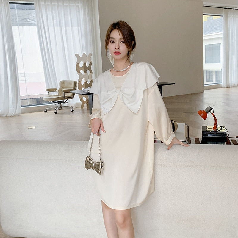 Women's Pajamas Dress Silk Like Leisure Homewear Skirt Turn-down Bow Collar Dress Sleepdress Wear Outside Holiday