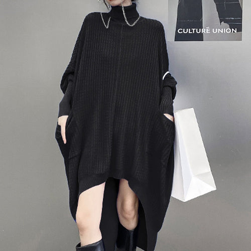 Load image into Gallery viewer, Irregular Hem Solid Dresses For Women Turtleneck Batwing Sleeve High Waist Pullover Loose Dress Female Fashion
