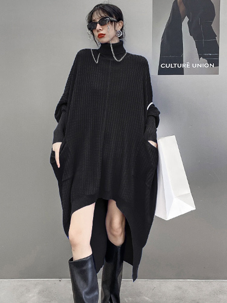 Irregular Hem Solid Dresses For Women Turtleneck Batwing Sleeve High Waist Pullover Loose Dress Female Fashion