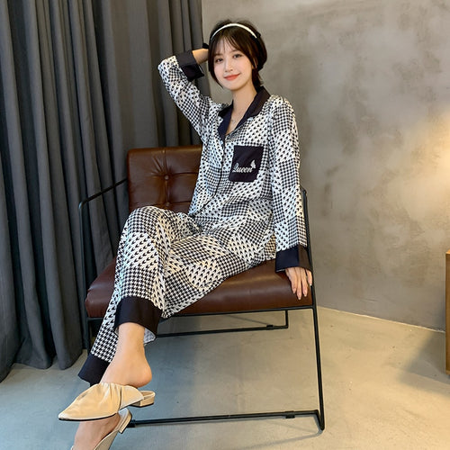 Load image into Gallery viewer, Women&#39;s Spring Summer Pajamas Satin Cardigan Thousand-bird Lattice Long Sleeve Pants Home Suit Loose Casual Homewear
