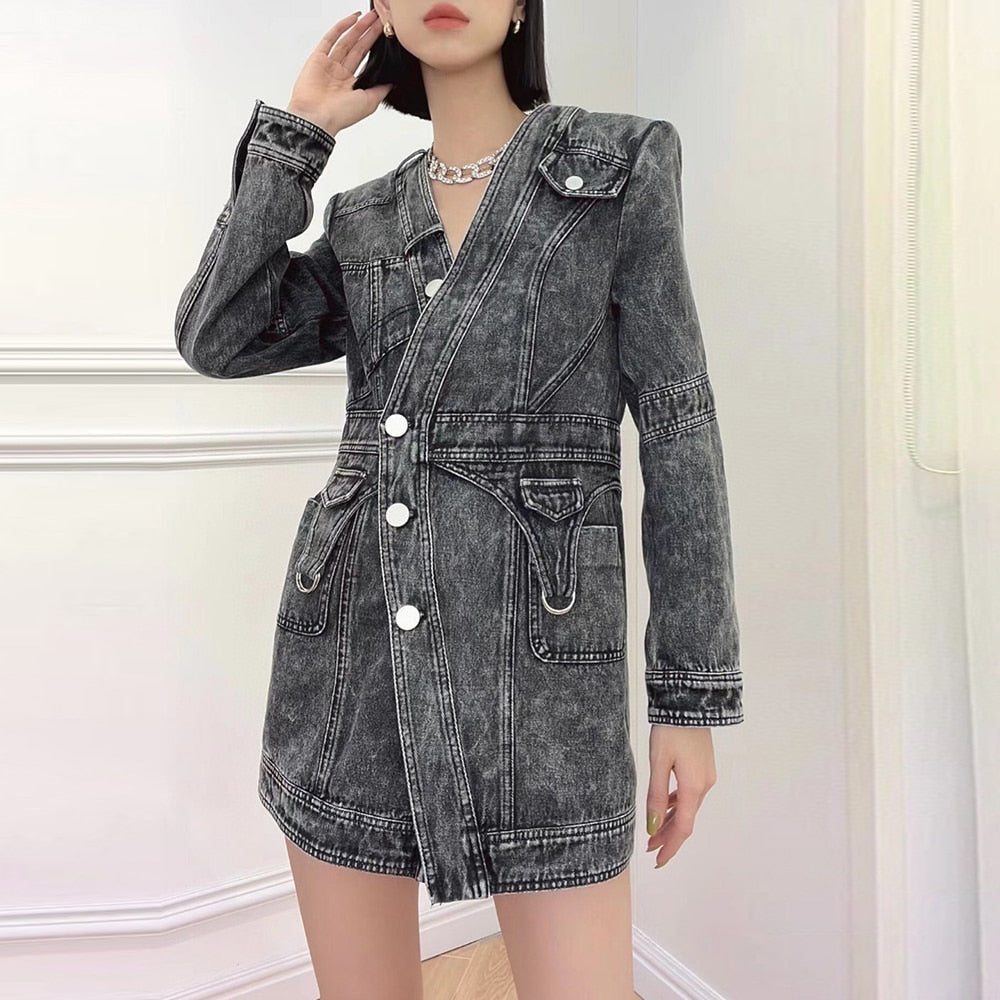 Denim Slim Dress For Women V Neck Long Sleeve High Waist Solid