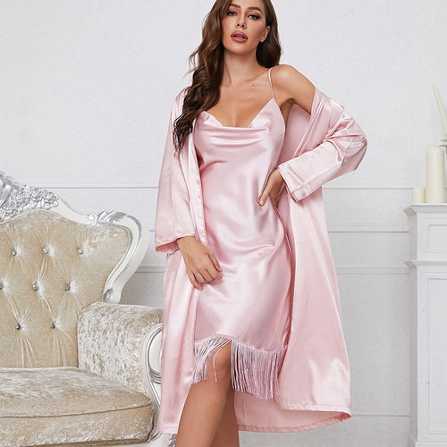 Load image into Gallery viewer, Women&#39;s Pajamas Robe Set Tassels Homewear Faux Silk Sleepwear Smooth Long Bathrobe Casual Sling Dress Nightwear Femme
