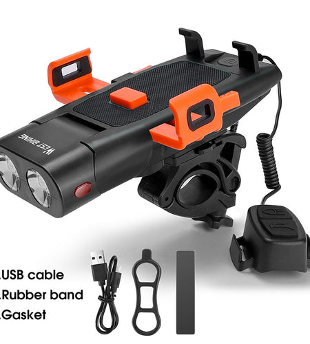 5 IN 1 LED Bike Lamp Front Horn Light Phone Holder Bell Power Bank MTB Bike Flashlight USB Rechargeable Cycling Accessories