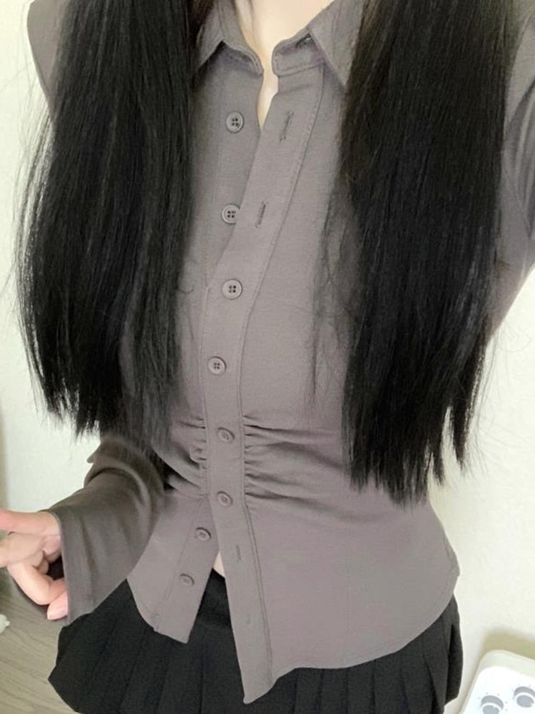 Sexy Shirts Skinny Grey Y2k Long Sleeve Pleated Tops Elegant Chic Korean Fashion Streetwear Office Ladies Blouses
