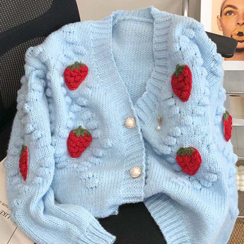 Load image into Gallery viewer, Fashion 3D Strawberry Women Cardigan Winter Elegant Pearl Button Casual V Neck Ladies Knitted Sweater Long Sleeve Coat
