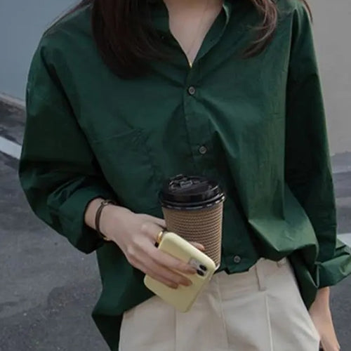 Load image into Gallery viewer, Blue Women Shirt Designed Long Sleeve Korean Office Ladies Button Up Shirts Loose All Match Solid Green Female Tops
