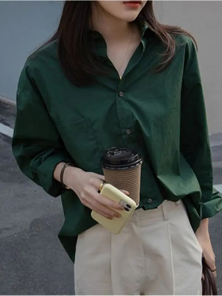Blue Women Shirt Designed Long Sleeve Korean Office Ladies Button Up Shirts Loose All Match Solid Green Female Tops