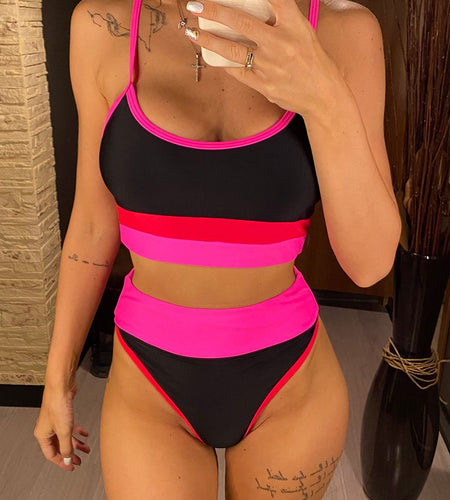 Sexy Leopard Splicing Female Swimsuit High Waist Bikini Women Swimwear Two-pieces Bikini set Bather Bathing Suit Swim V2544B