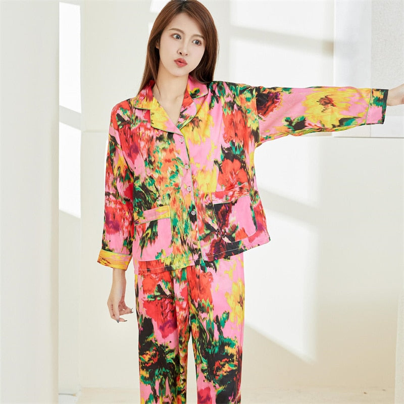 Women's Spring Autumn Silk Like Pajamas Polo Collar Long Sleeve Pants Two Piece Set Colorful Printed Fashion Home Suit