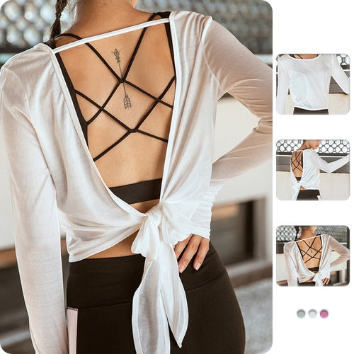 Load image into Gallery viewer, Women Long Sleeve Fitness Shirt Breathable Stretch Open Back Lace Up Blouses Active Workout Gym Sports Yoga Top Wear
