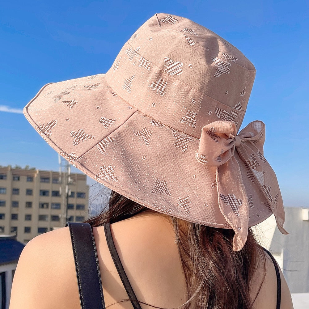 Women Summer Sun Hat Fashion Bow Butterfly Print Sun Cap Female Outdoor Sun Protection Travel Beach Bucket Hat