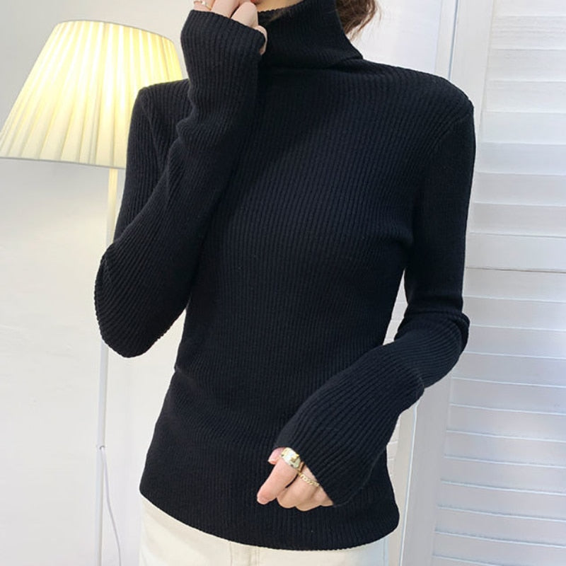 Women Pullover Turtleneck Sweater Autumn Long Sleeve Slim Elastic Korean Simple Basic Cheap Jumper Solid Color Top