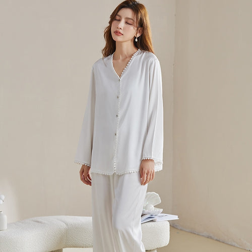 Load image into Gallery viewer, Silk-like Pajamas Women&#39;s Spring Summer Long-sleeved Cardigan Suit Solid Lace Cool Casual Two-piece Home Clothes Set
