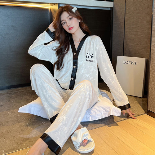 Load image into Gallery viewer, Women&#39;s Pajamas Set Velvet Panda and Bamboo Pattern Sleepwear Casual Homewear V Neck Nightwear Pyjama Femme Petite
