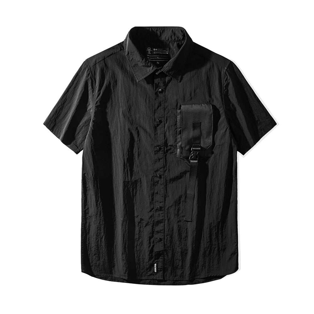 Hip Hop Tactical Cargo Shirts Men Summer Short Sleeve Pocket Function Shirt Coat Loose Harajuku Tops Black Techwear WB793