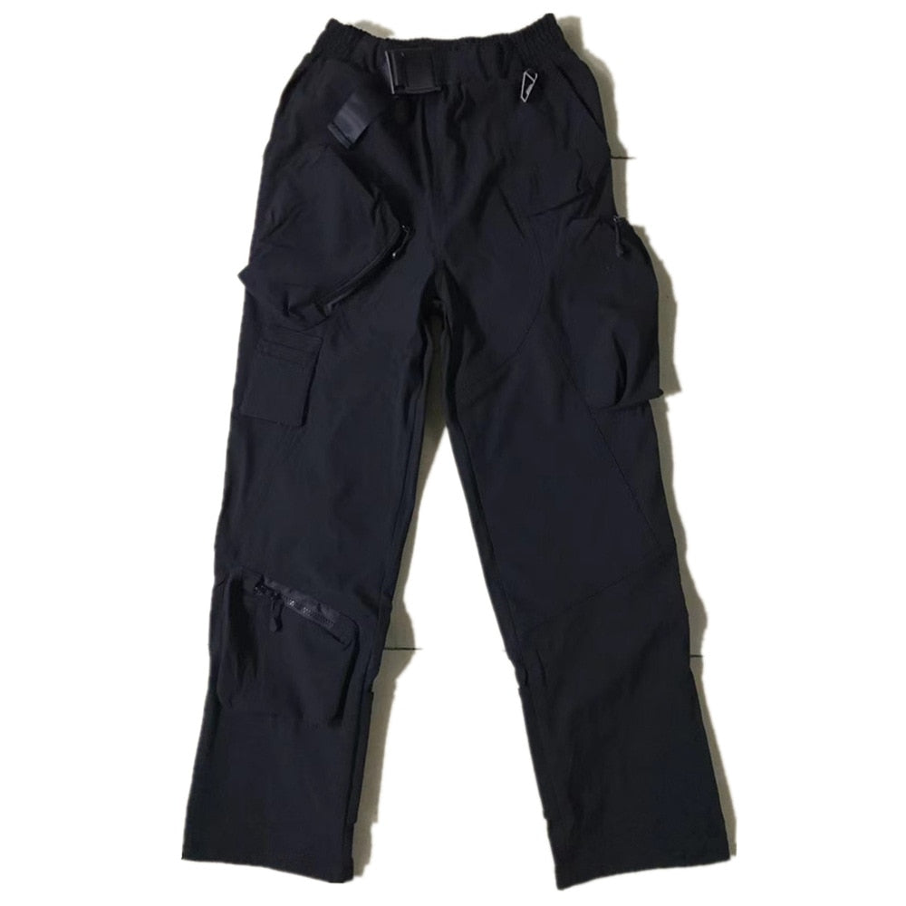 Hip Hop Cargo Pants Men Multi-pocket Patchwork Streetwear Joggers Trousers High Street Function Pant Elastic Waist Male Black