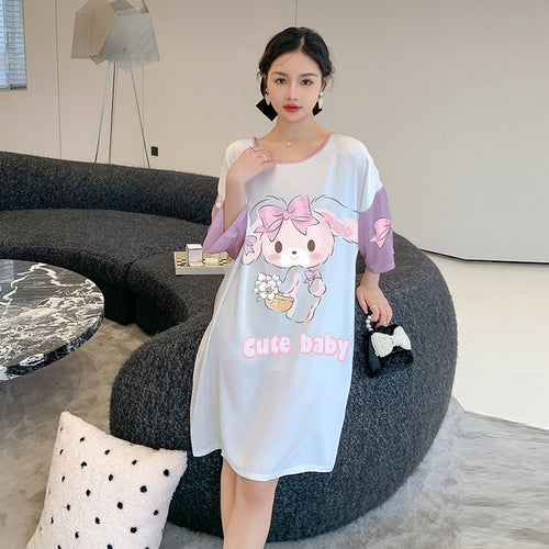 Load image into Gallery viewer, Women&#39;s Pajama Skirt Summer Thin Short Sleeve Medium Length Silk Like Nightwear Cartoon Nightdress Loose Home Clothing
