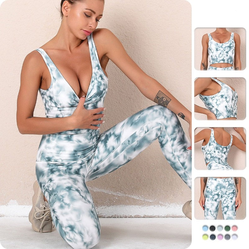 Seamless Print Tie Dye Yoga Women Suit Sleeveless Sports Bra Sweat-absorbent Breathable Hip-lifting Pants gym set women