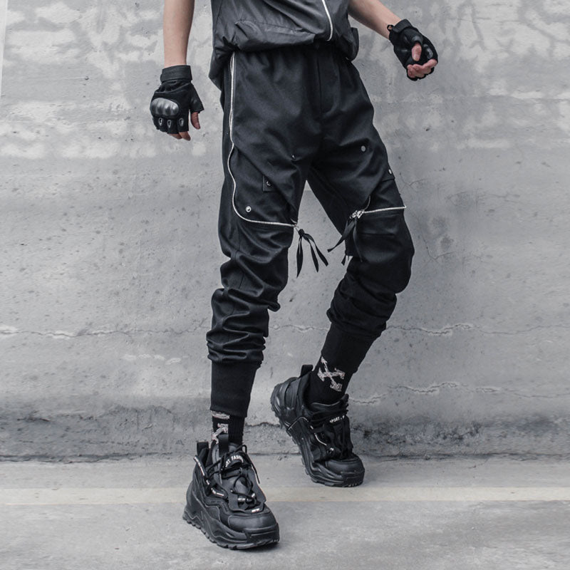 Spring Hip Hop Cargo Pants Men Tactical Functional Joggers Trousers Elastic Waist Streetwear Pant Black W605