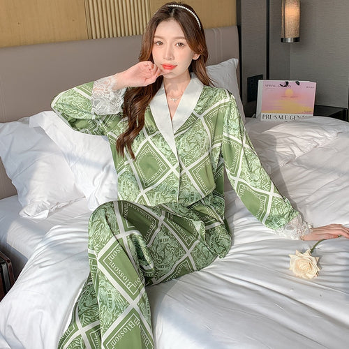 Load image into Gallery viewer, High Quality Women&#39;s Pajamas Set Luxury Rhombus Print Sleepwear Lace Cuffs Casual Homewear V Neck Nightwear Femme Petite
