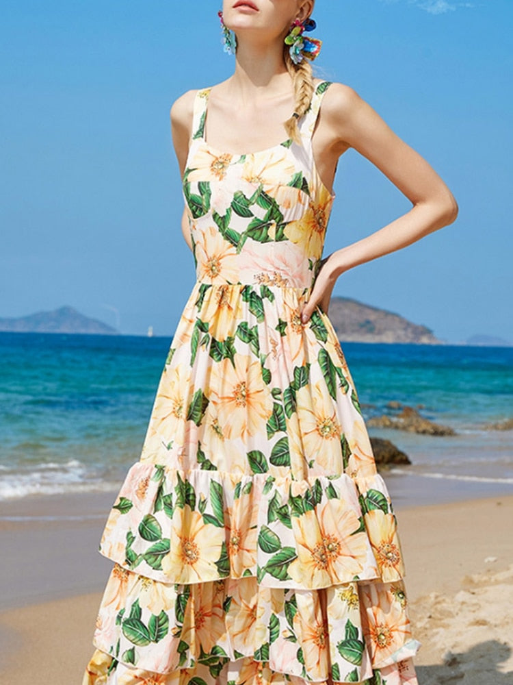 Backless Dresses For Women Square Collar Sleeveless High Waist Tunic Folds Summer Dress Female Fashion Style