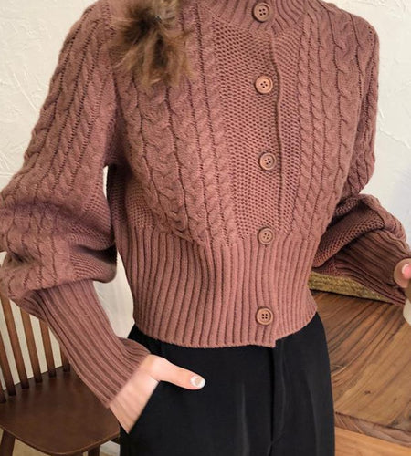 Twisted Fashion Women Cardigan Sweater Fall Casual Stand Collar Button Up Female Knitted Short Coats Student Slim Tops