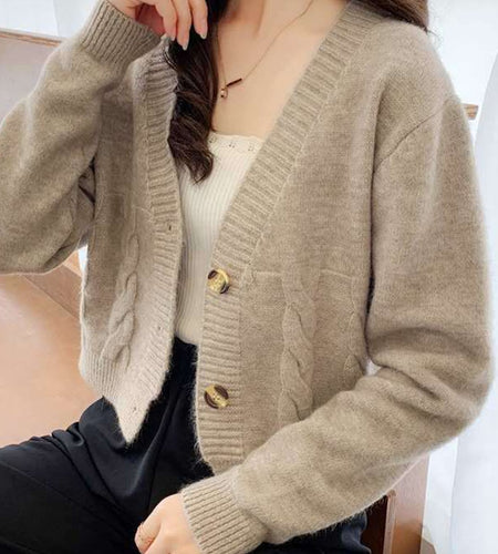 Casual V Neck Women Sweater Twisted Fashion Button Up Cardigan Sweater Fall Korean All Match Knitted Female Thin Coats