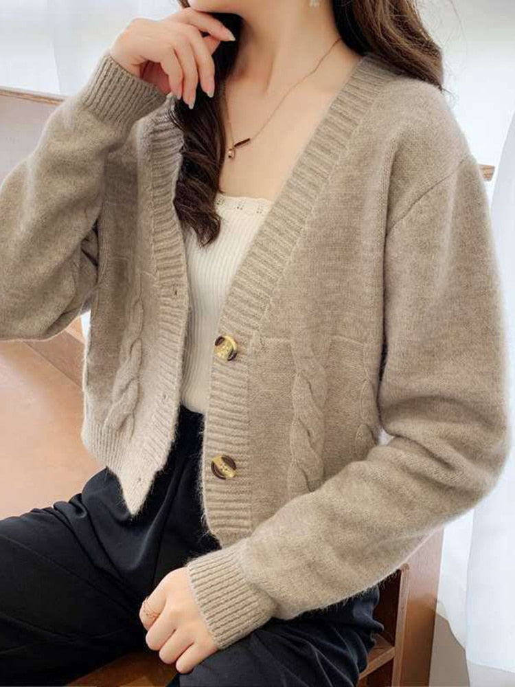 Casual V Neck Women Sweater Twisted Fashion Button Up Cardigan Sweater Fall Korean All Match Knitted Female Thin Coats