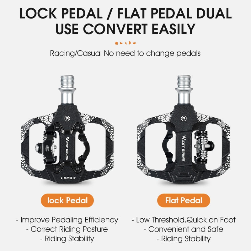 2 In 1 Bicycle Pedals SPD Self-Locking Pedal DU Bearing MTB Road Bike Anti-slip Flat Pedals Cycling Part Accessories