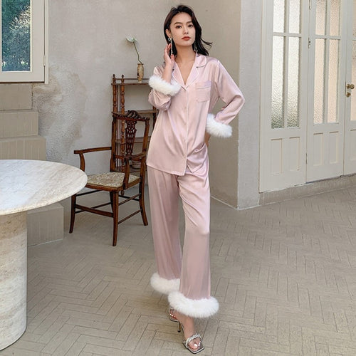 Load image into Gallery viewer, Luxury Pajamas Women&#39;s Spring Summer Feather Splicing Satin Chiffon Home Clothes Female Casual Long Sleeve Sleepwear Set
