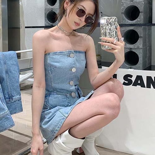 Load image into Gallery viewer, Denim Solid Dresses For Women Strapless Sleeveless Spliced Button Slim Summer Dress Female Fashion Style Clothing
