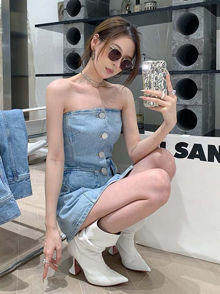 Denim Solid Dresses For Women Strapless Sleeveless Spliced Button Slim Summer Dress Female Fashion Style Clothing