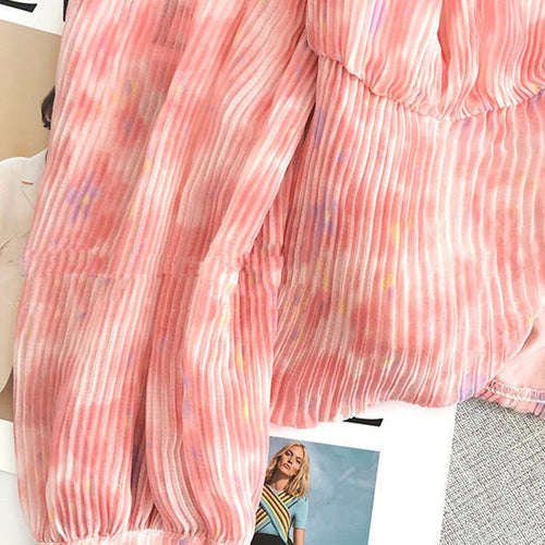 Load image into Gallery viewer, Designed Women Shirts Elegant Flare Sleeve Chiffon Loose Ladies Blouse Summer Button Up Tie Dye Pink Ladies Crop Tops
