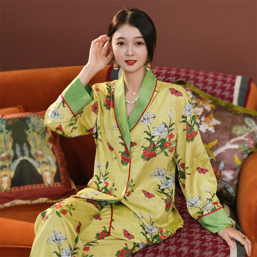 Load image into Gallery viewer, Luxury Homewear Women Imitation Silk Pajamas Satin Nightwear Fashion Flower Printed Long Sleeve Pants Home Clothing Set
