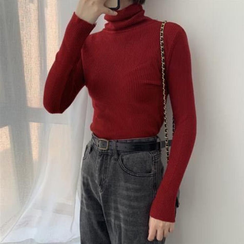 Load image into Gallery viewer, Soft Women Pullover Sweater Elastic Long Sleeve Knitted Jumper Fall Turtleneck Black Black
