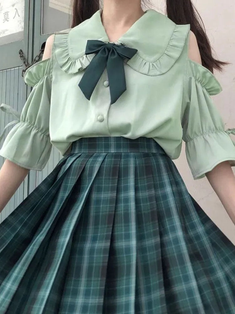 Chiffon Women Shirts Sweet Summer Half Sleeve Student Button Up Shirt Peter Pan Collar Fashion Preppy Style Japan Tops