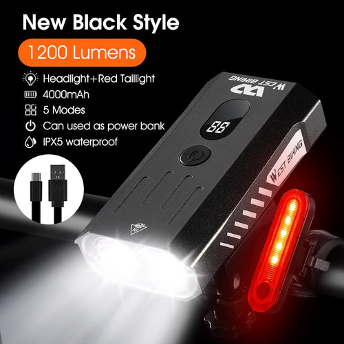 Load image into Gallery viewer, 1000LM Bike Light Front Rear Lamp USB Rechargeable LED 4000mAh Bicycle Light Waterproof Headlight Bike Accessories
