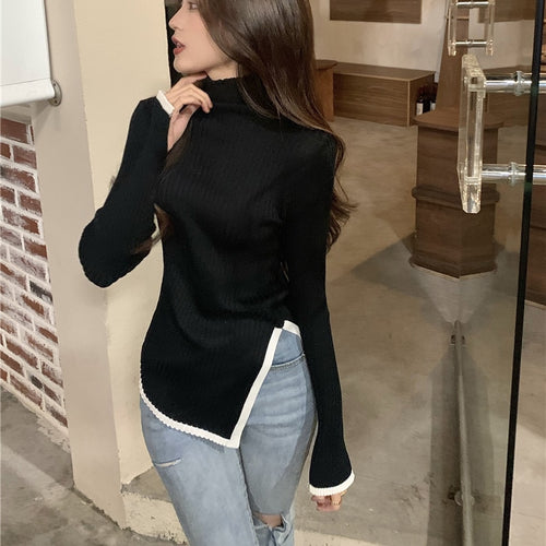 Load image into Gallery viewer, Pullover Turtleneck Sweater Split Fork Fashion Spring Knitted Jumper Simple Elastic Soft Long Sleeve Female Tops
