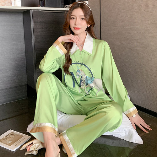 Load image into Gallery viewer, High Quality Women&#39;s Pajamas Set Luxury M Letter Print Sleepwear Point Collar Casual Homewear Nightwear Femme Petite
