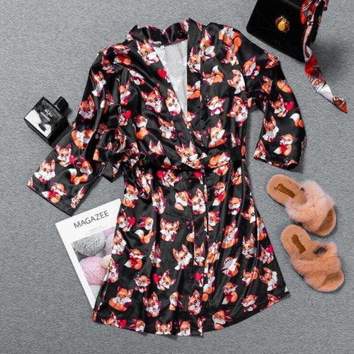 Load image into Gallery viewer, Fashion Fox Print Nightgown Simulation Silk Female Sleeping Pajamas Sexy Summer Large Size Bathrobe Home Clothes
