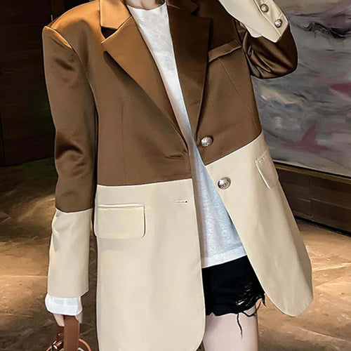 Load image into Gallery viewer, Hit Color Loose Blazers For Women Notched Collar Long Sleeve Patchwork Zipper Casual Fashion Blazer Female Clothing
