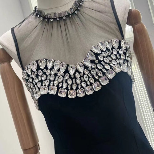 Load image into Gallery viewer, Hit Color Patchwork Mesh Dresses For Women Round Neck Sleeveless High Waist Spliced Diamonds Sexy Dress Female
